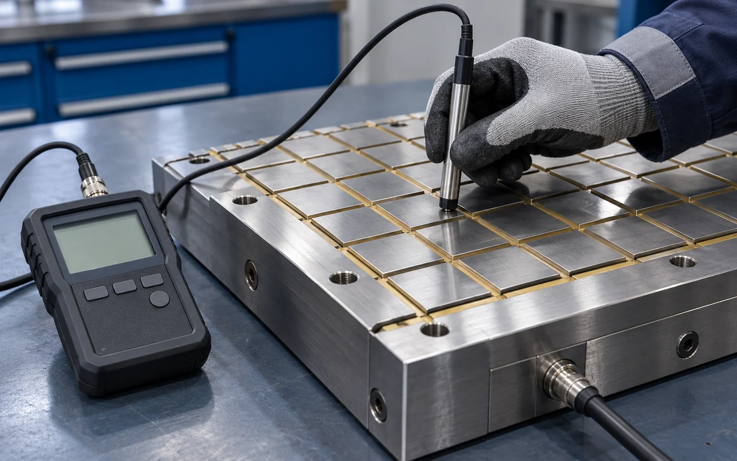 Gaussmeter probe checking the magnetic field at a chuck surface — illustrative image