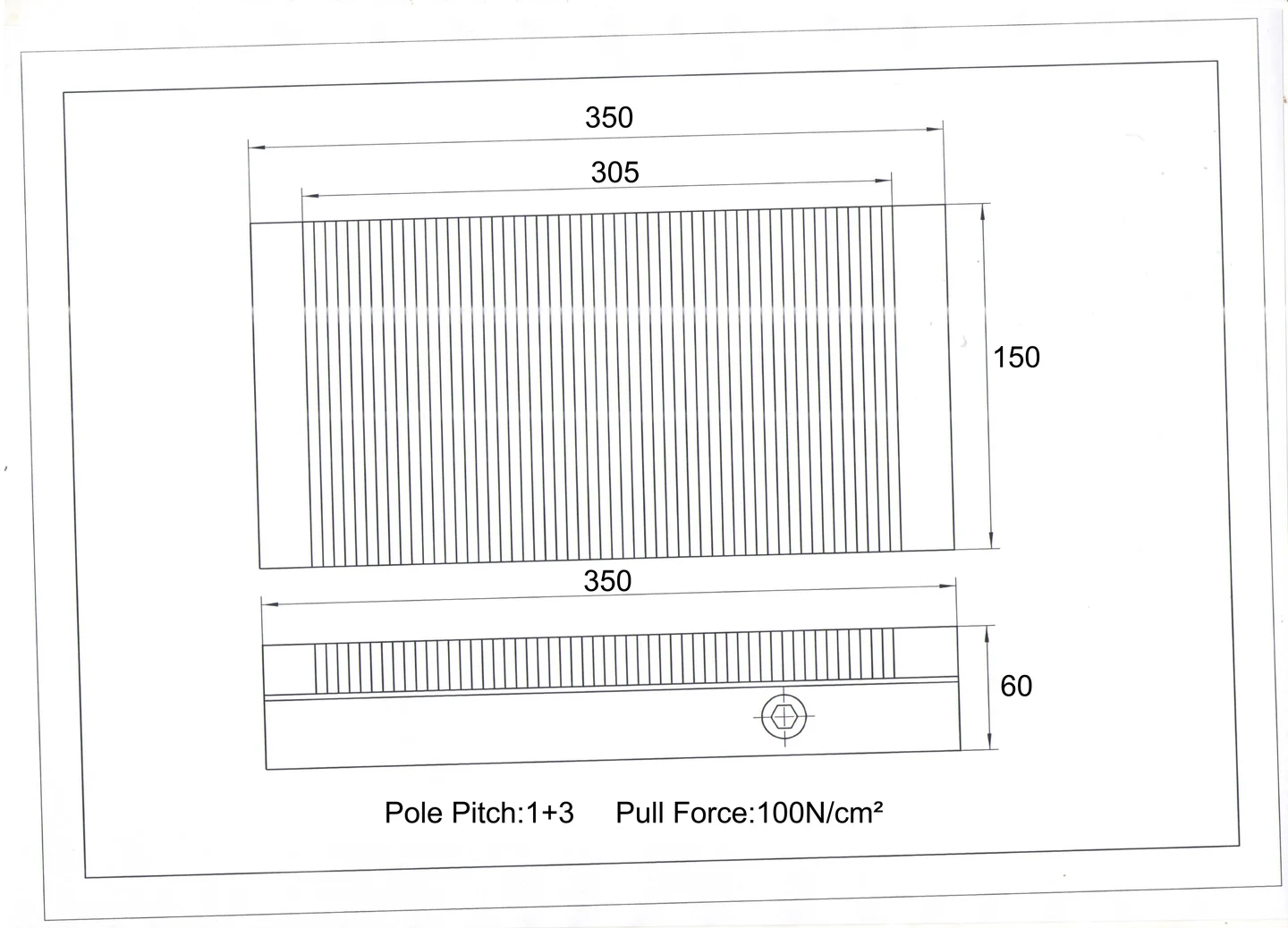 Dimensioned magnetic chuck drawing showing working face, mounting and pole pitch