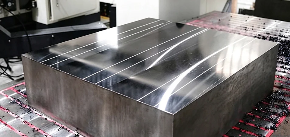 Large steel block with its upper machining face clear of top clamps