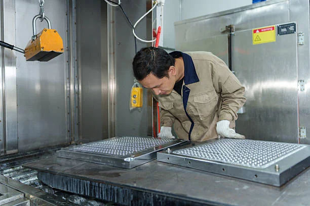 Operator checking magnetic chuck plates on a machine table